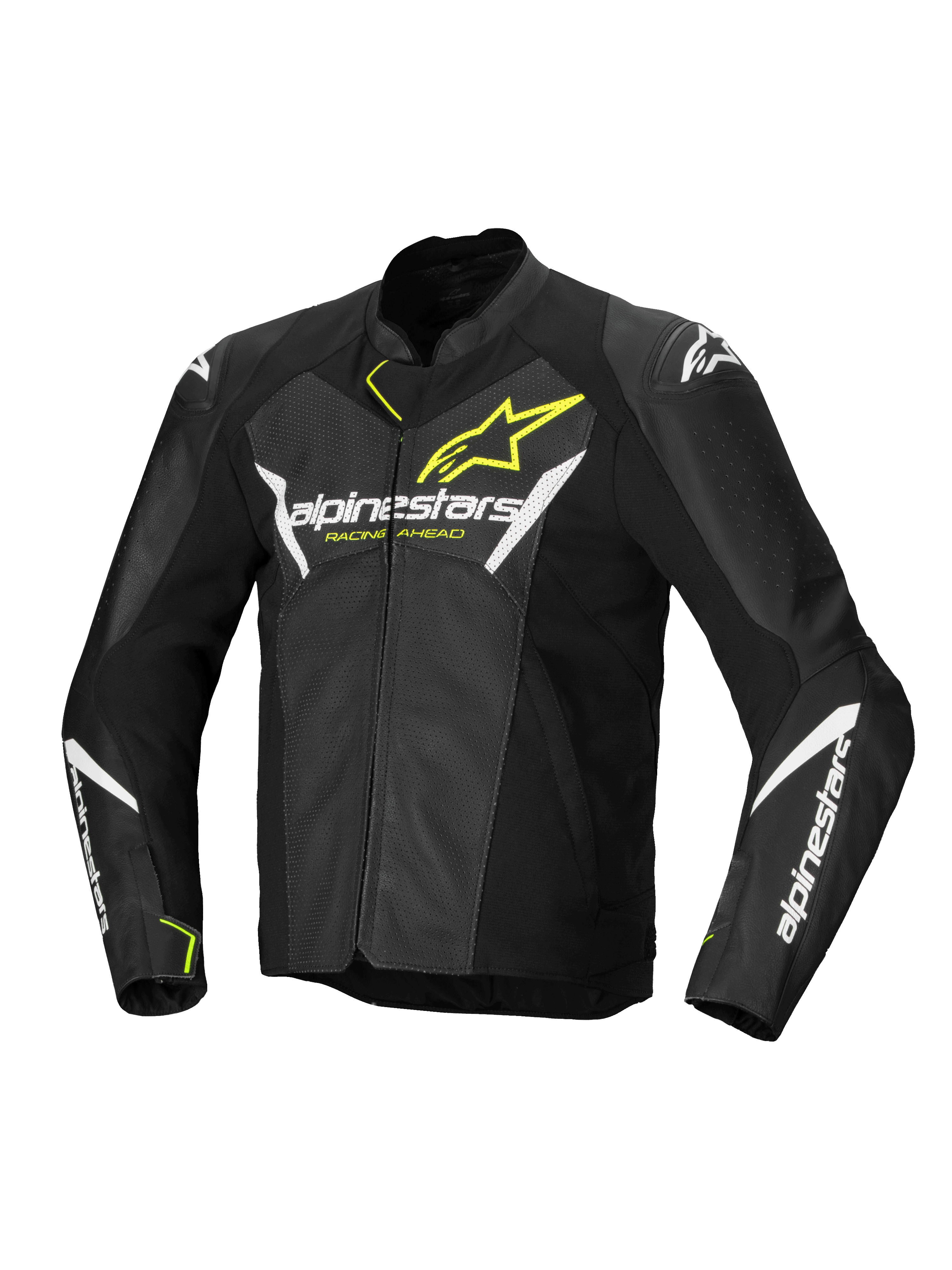 Alpinestars Faster V3 Airflow leren herenmotorjas, zwart, wit en geel flikker, geperforeerde lederen constructie, CE-gecertificeerd
