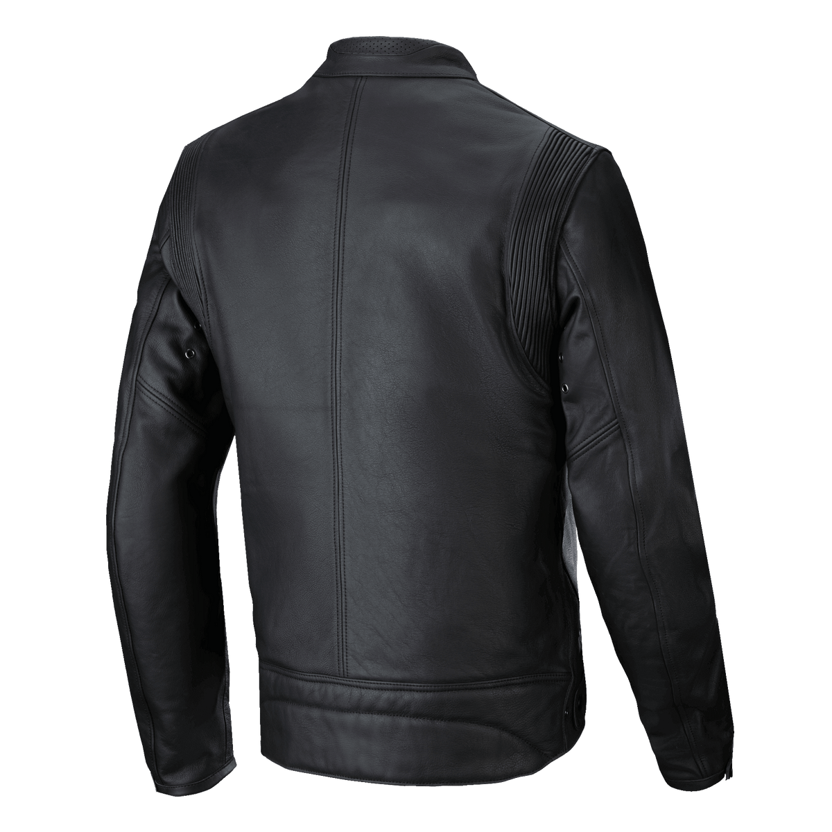 Alpinestars Dyno Leather Jacket, Black, Back View, heritage-inspired motorcycle jacket crafted from premium bovine leather, featuring accordion stretch panels at the shoulders and a clean vertical center seam.