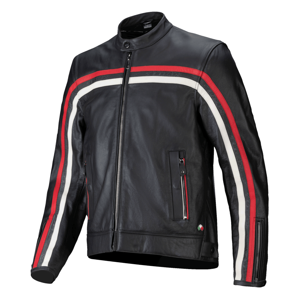 Alpinestars Dyno Leather Jacket, Black with Ruby Red and Ecru racing stripes, premium leather motorcycle jacket, front zipper closure, stand-up collar, zippered hand pockets, Italian flag emblem, sporty heritage design