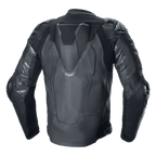 Alpinestars Atem V5 Leren Jas, motorracejas, zwart, achteraanzicht met aerodynamische speedhump, DFS RR schouder- en elleboogbeschermers, technische lederconstructie met stretchpanelen en Alpinestars-branding op de mouwen
