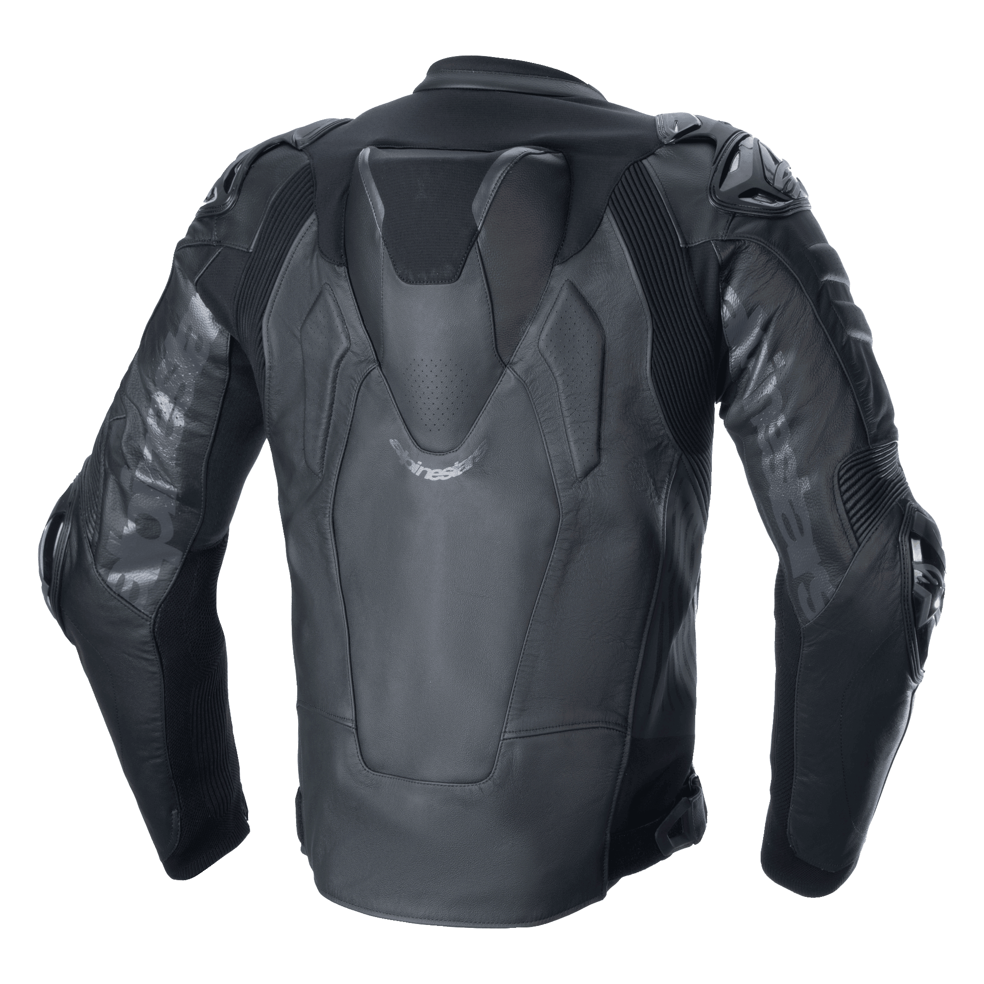 Alpinestars Atem V5 Leren Jas, motorracejas, zwart, achteraanzicht met aerodynamische speedhump, DFS RR schouder- en elleboogbeschermers, technische lederconstructie met stretchpanelen en Alpinestars-branding op de mouwen