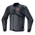 Alpinestars Atem V5 leren jas, zwarte en donkergrijze motorracejas, oranje sterlogo op de borst, geperforeerde leren panelen voor ventilatie, harde schouder- en elleboogbescherming, constructie van leer en textiel met een aerodynamisch ontwerp voor sportief rijden