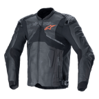 Alpinestars Atem V5 leren jas, zwarte en donkergrijze motorracejas, oranje sterlogo op de borst, geperforeerde leren panelen voor ventilatie, harde schouder- en elleboogbescherming, constructie van leer en textiel met een aerodynamisch ontwerp voor sportief rijden