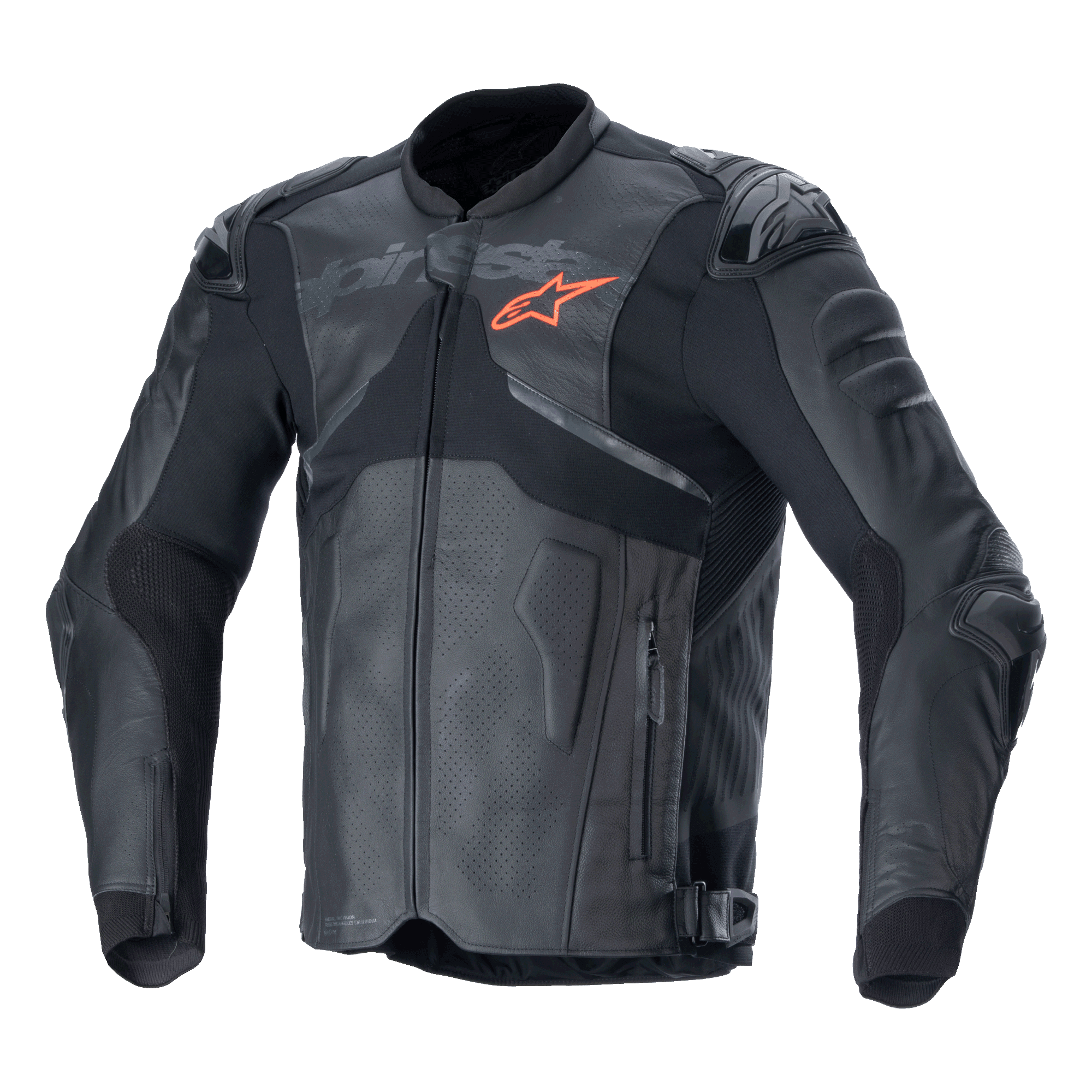 Alpinestars Atem V5 leren jas, zwarte en donkergrijze motorracejas, oranje sterlogo op de borst, geperforeerde leren panelen voor ventilatie, harde schouder- en elleboogbescherming, constructie van leer en textiel met een aerodynamisch ontwerp voor sportief rijden