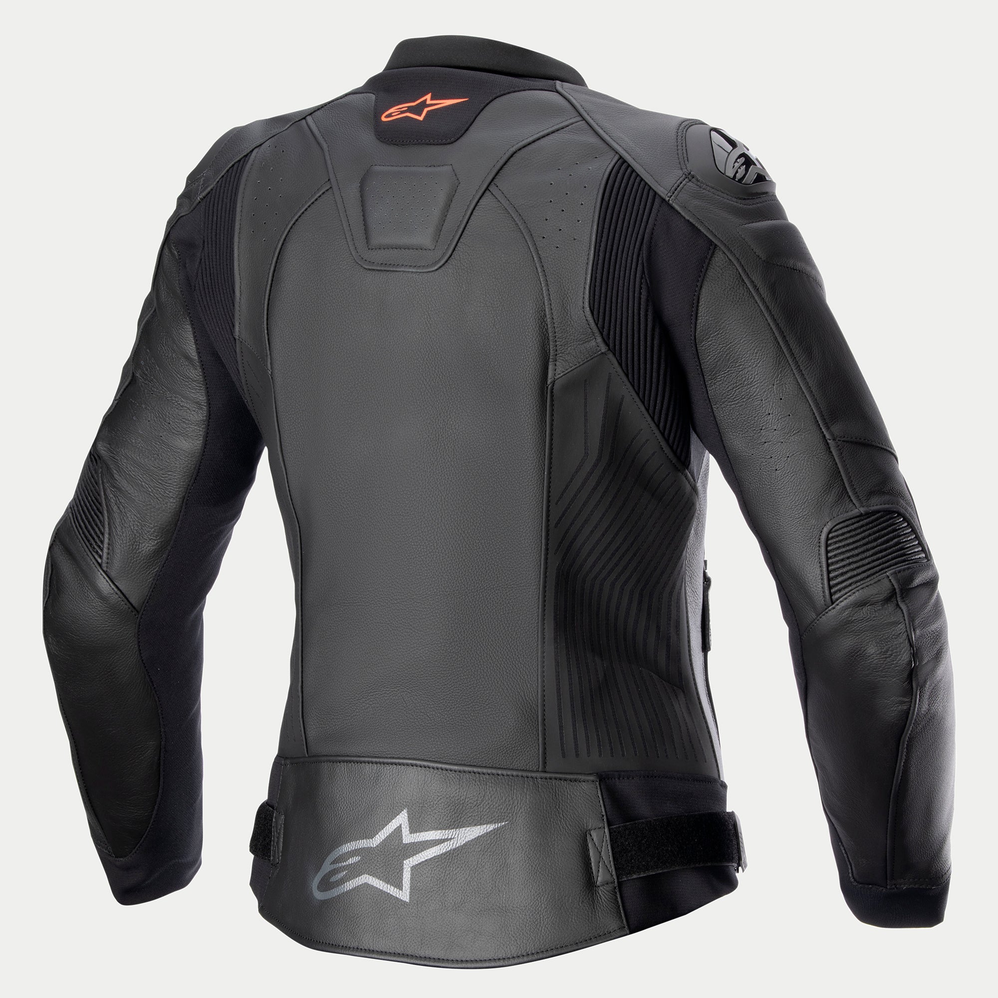 Alpinestars Stella GP Plus V4 leren motorjas, dames motorjas, zwart, CE-gecertificeerd Categorie II Klasse AA, achteraanzicht met stretchpanelen en beschermende pantserdetails