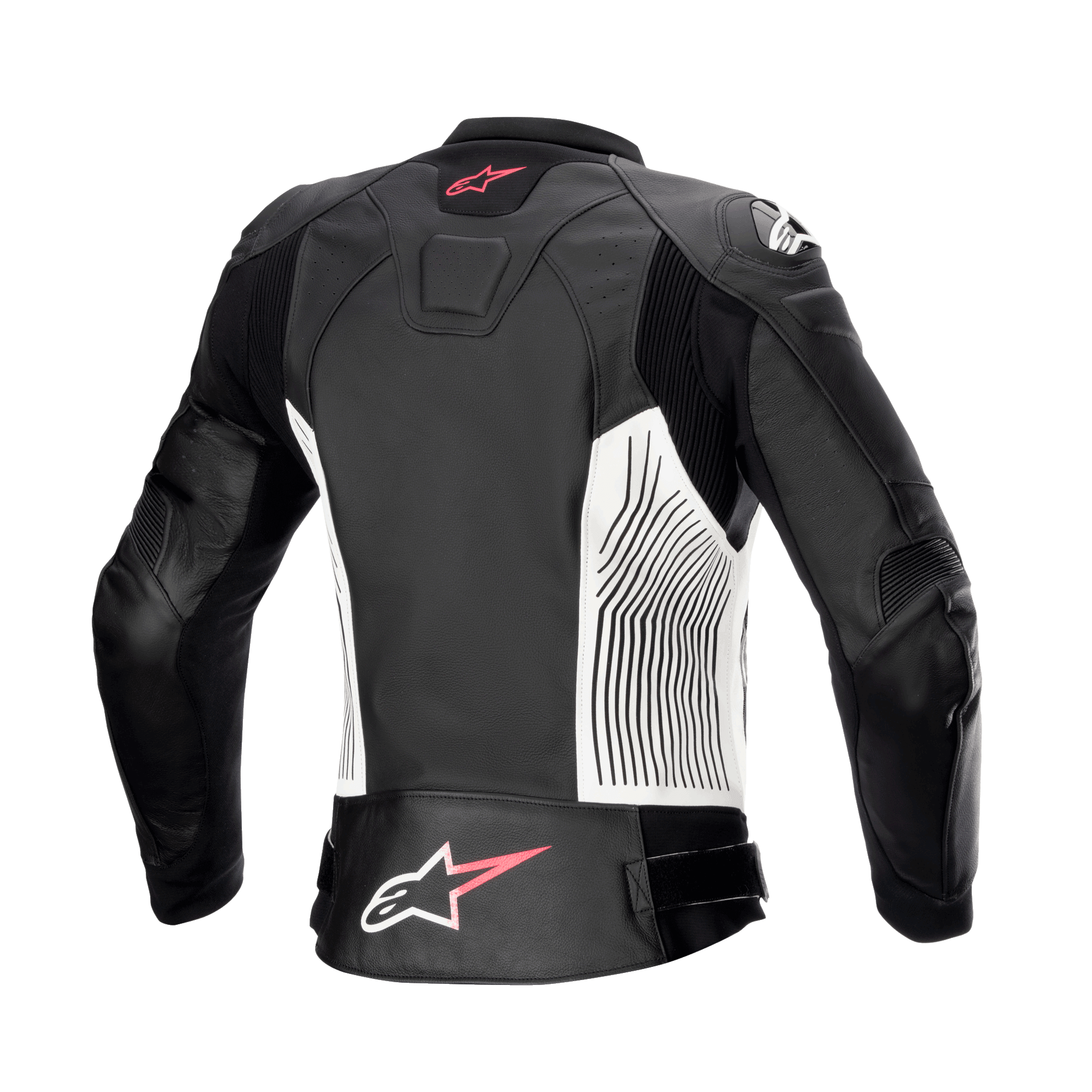 Alpinestars Stella GP Plus V4 leren damesjas, zwart, wit en Diva Pink, achteraanzicht, voorzien van witte zijpanelen met zwarte grafische lijnen, roze en witte Alpinestars-logo's op de boven- en onderrug, en leren accordeon stretchpanelen voor verbeterde mobiliteit.