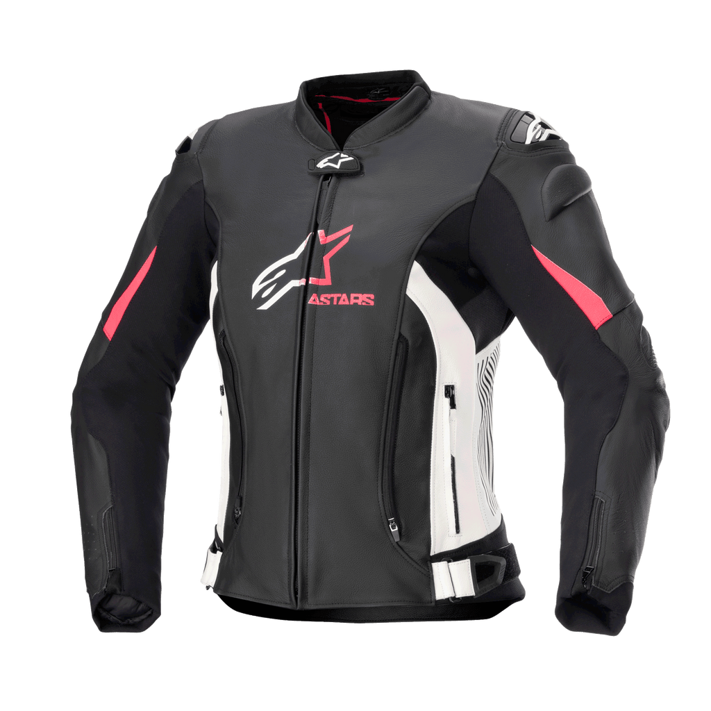 Alpinestars Stella GP Plus V4 leren damesjas, motorracejas, zwart met witte en Diva Pink accenten, premium leren constructie, voorzien van ritsen aan de voorzijde en op de buik, verstelbare taillebanden en gewatteerde schouders, vrouwelijk silhouet