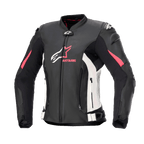 Alpinestars Stella GP Plus V4 leren damesjas, motorracejas, zwart met witte en Diva Pink accenten, premium leren constructie, voorzien van ritsen aan de voorzijde en op de buik, verstelbare taillebanden en gewatteerde schouders, vrouwelijk silhouet