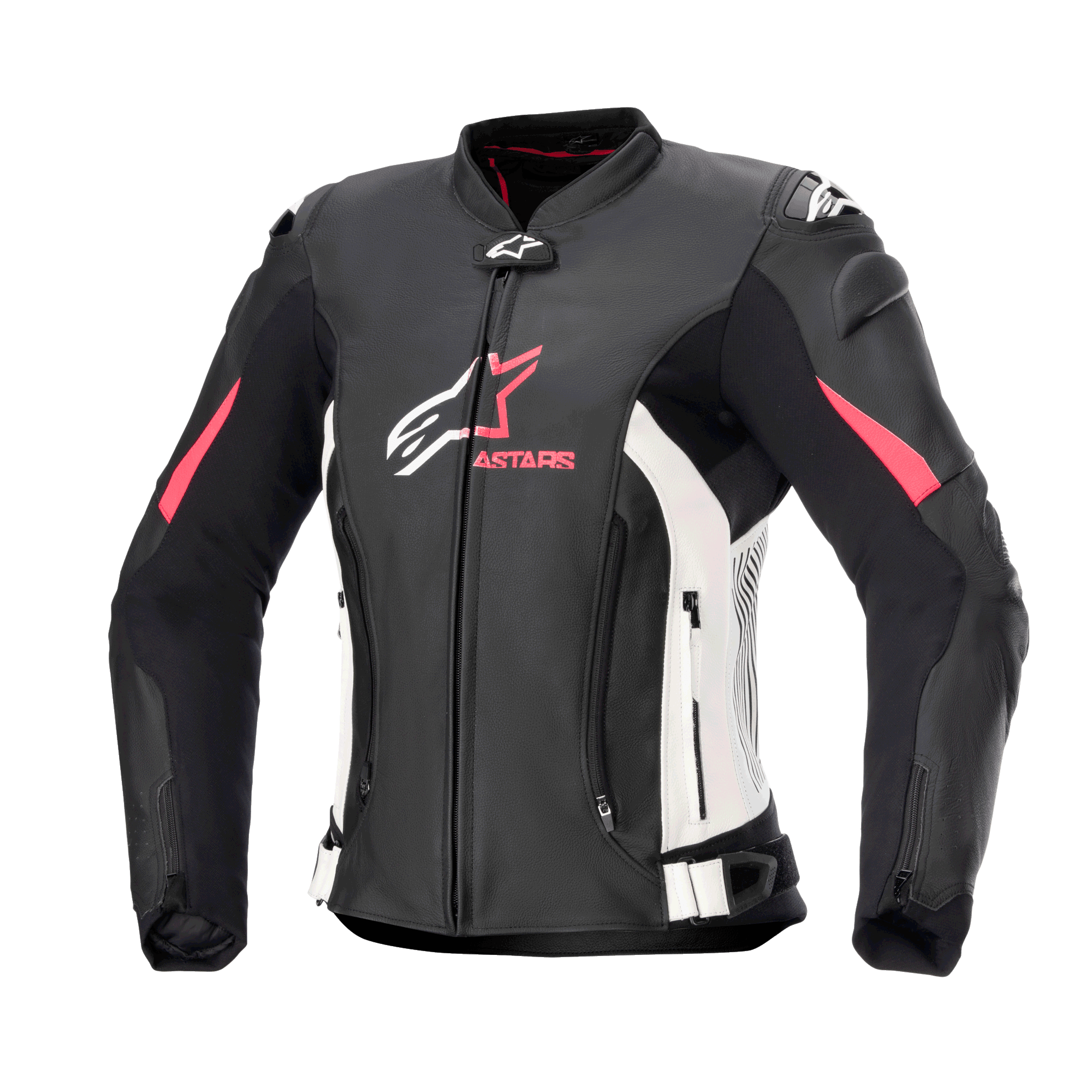 Alpinestars Stella GP Plus V4 leren damesjas, motorracejas, zwart met witte en Diva Pink accenten, premium leren constructie, voorzien van ritsen aan de voorzijde en op de buik, verstelbare taillebanden en gewatteerde schouders, vrouwelijk silhouet