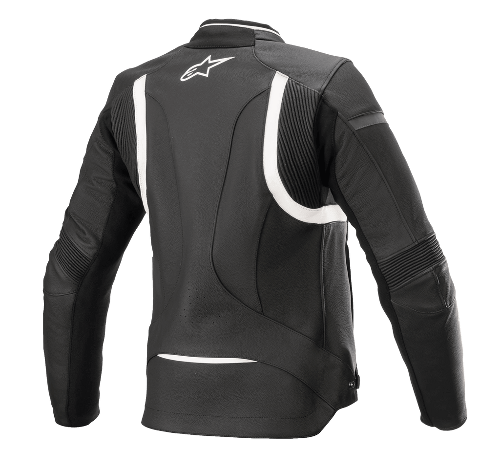 Alpinestars Stella Kira V2 leren damesjas, zwart en wit, achteraanzicht met accordeon stretchpanelen op de rug en ellebogen, verlengde achterzijde voor dekking tijdens het rijden, wit Alpinestars-logo op de bovenrug, hoogwaardige rundleer constructie
