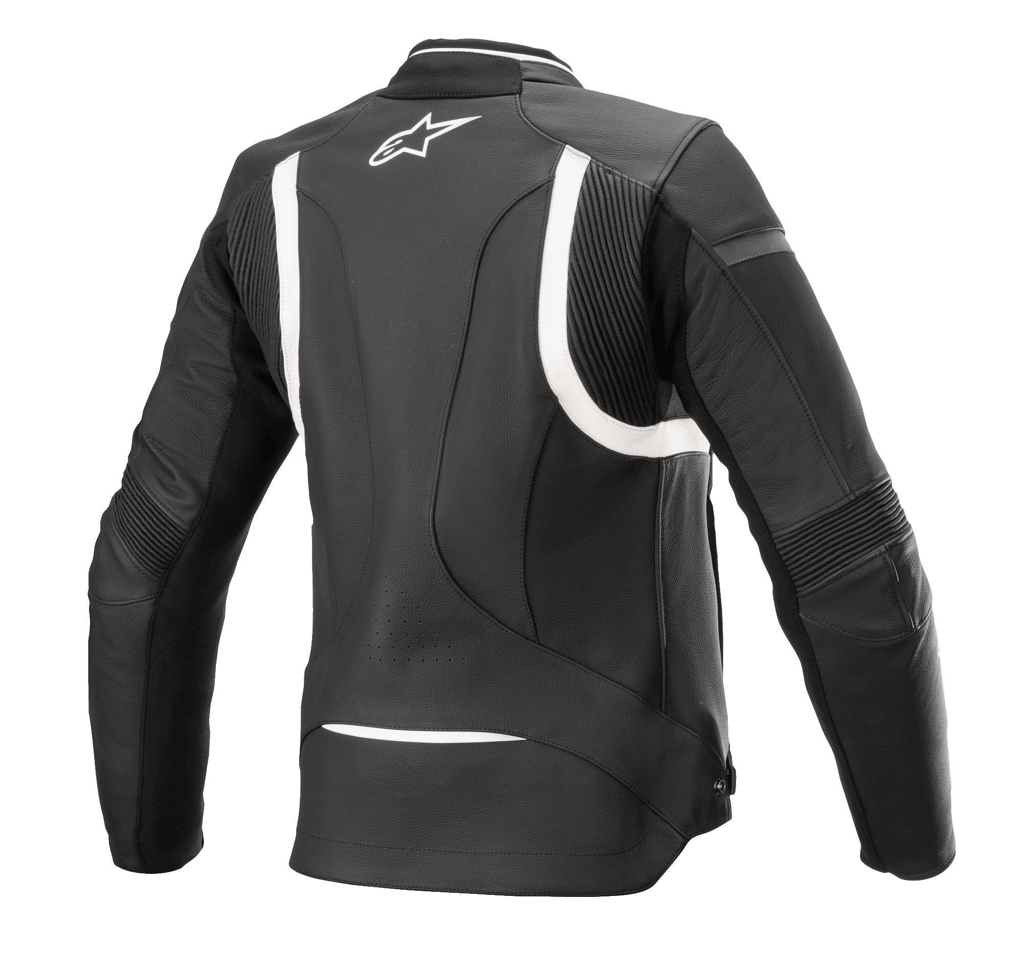 Alpinestars Stella Kira V2 leren damesjas, zwart en wit, achteraanzicht met accordeon stretchpanelen op de rug en ellebogen, verlengde achterzijde voor dekking tijdens het rijden, wit Alpinestars-logo op de bovenrug, hoogwaardige rundleer constructie