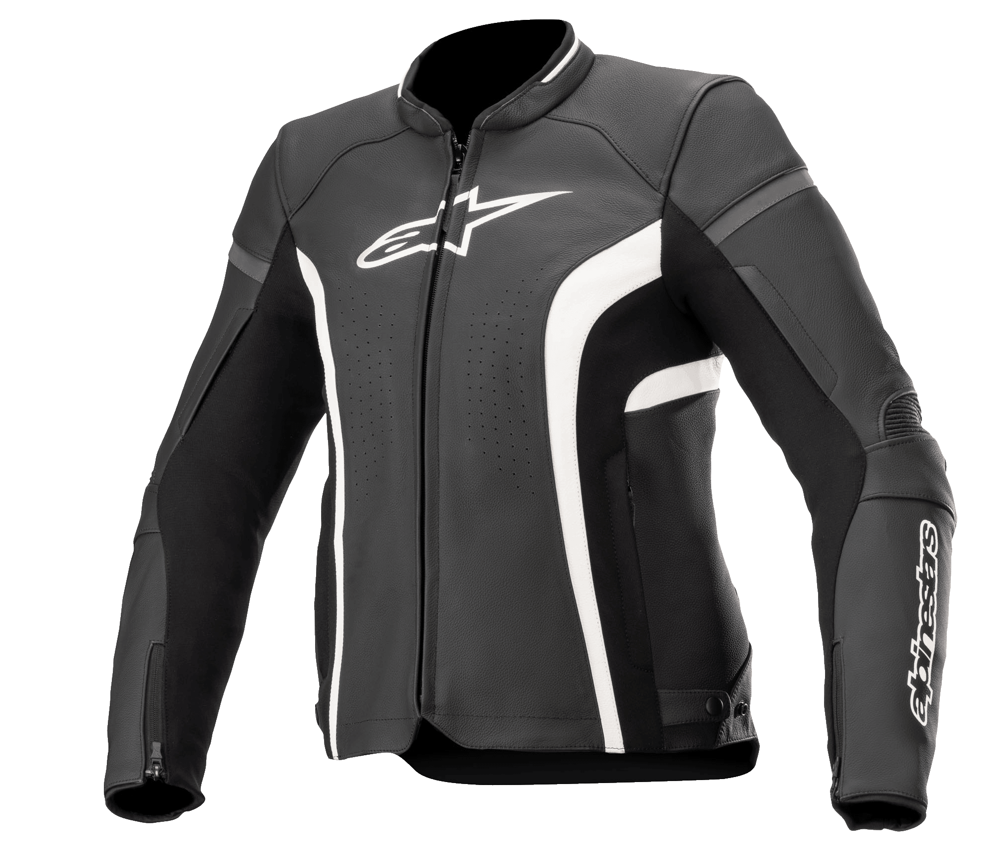 Alpinestars Stella Kira V2 Women's Leather Jacket, Black and White, featuring perforated ventilation panels, white logo branding on the chest and sleeve, zippered cuffs, and a tailored performance fit for motorcycle road riding.