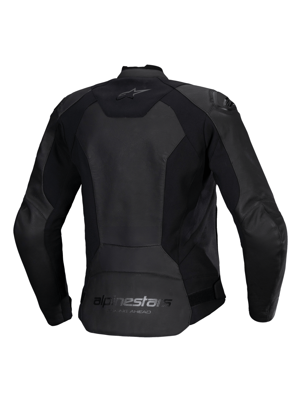 Alpinestars Stella Faster V3 leren dames motorjas, zwart, achteraanzicht met Alpinestars-branding op de boven- en onderrug, stretchpanelen voor bewegingsvrijheid en een verlengde achterkant voor extra dekking.