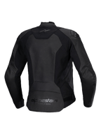 Alpinestars Stella Faster V3 leren dames motorjas, zwart, achteraanzicht met Alpinestars-branding op de boven- en onderrug, stretchpanelen voor bewegingsvrijheid en een verlengde achterkant voor extra dekking.