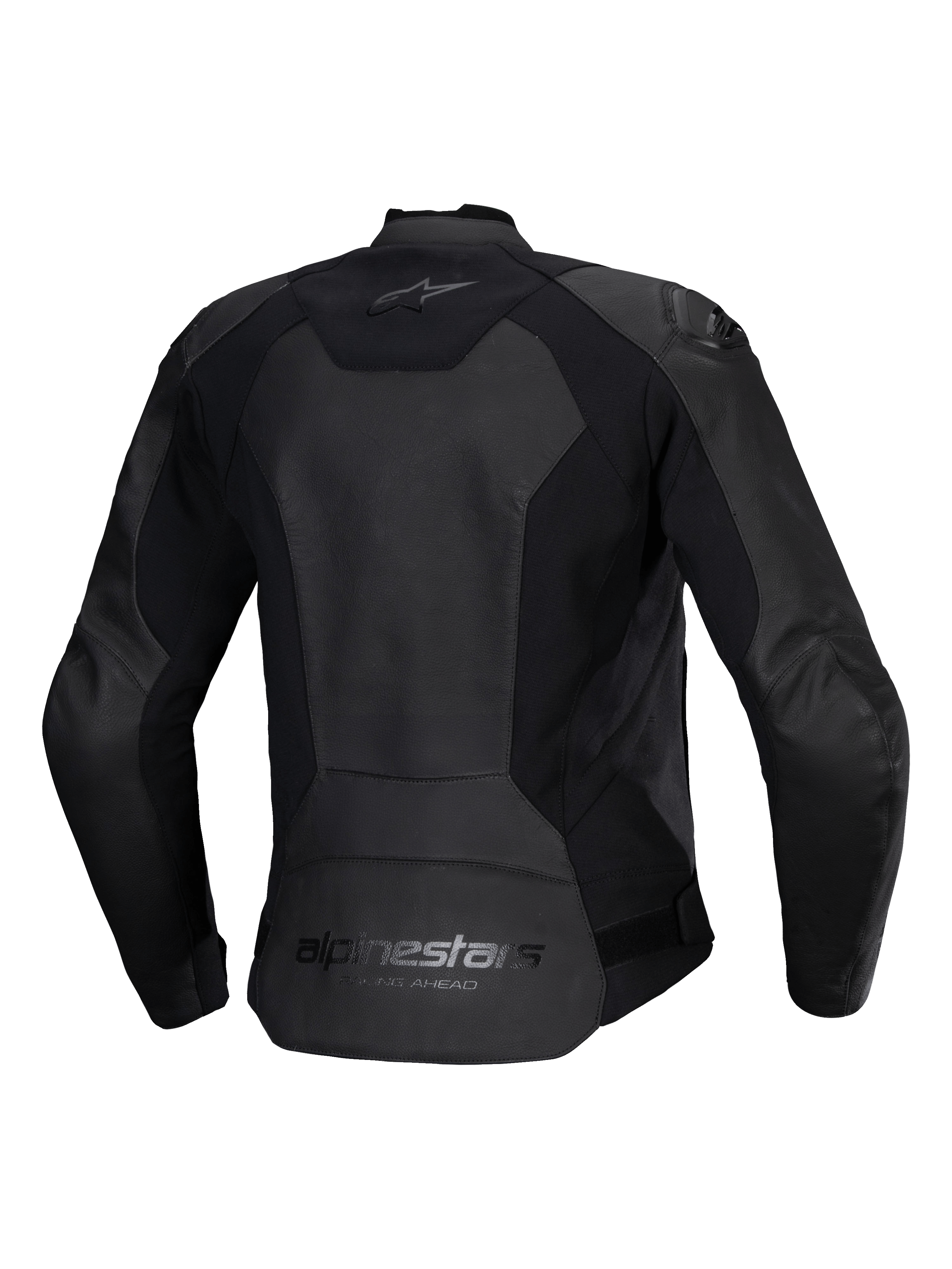 Alpinestars Stella Faster V3 leren dames motorjas, zwart, achteraanzicht met Alpinestars-branding op de boven- en onderrug, stretchpanelen voor bewegingsvrijheid en een verlengde achterkant voor extra dekking.