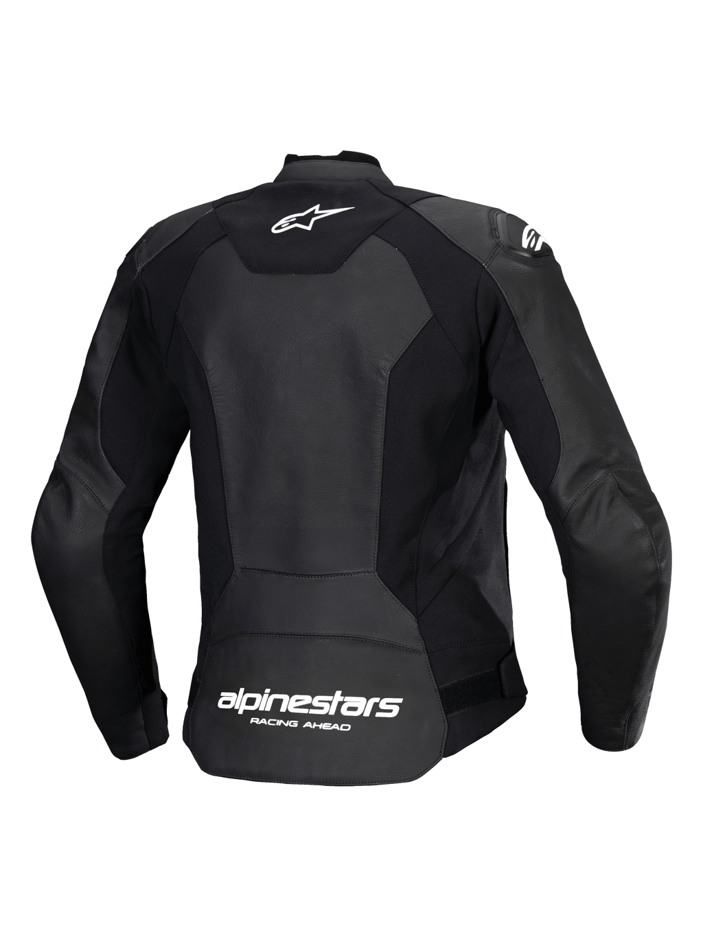 Alpinestars Stella Faster V3 Leren Jas, sportieve motorjas voor dames, zwart en wit, achteraanzicht met meerpanelige constructie van leer en stretchstof, wit Alpinestars-logo op de bovenrug en branding op de onderrug, strakke sportieve pasvorm voor prestatiegericht rijden