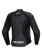 Alpinestars Stella Faster V3 Leren Jas, sportieve motorjas voor dames, zwart en wit, achteraanzicht met meerpanelige constructie van leer en stretchstof, wit Alpinestars-logo op de bovenrug en branding op de onderrug, strakke sportieve pasvorm voor prestatiegericht rijden