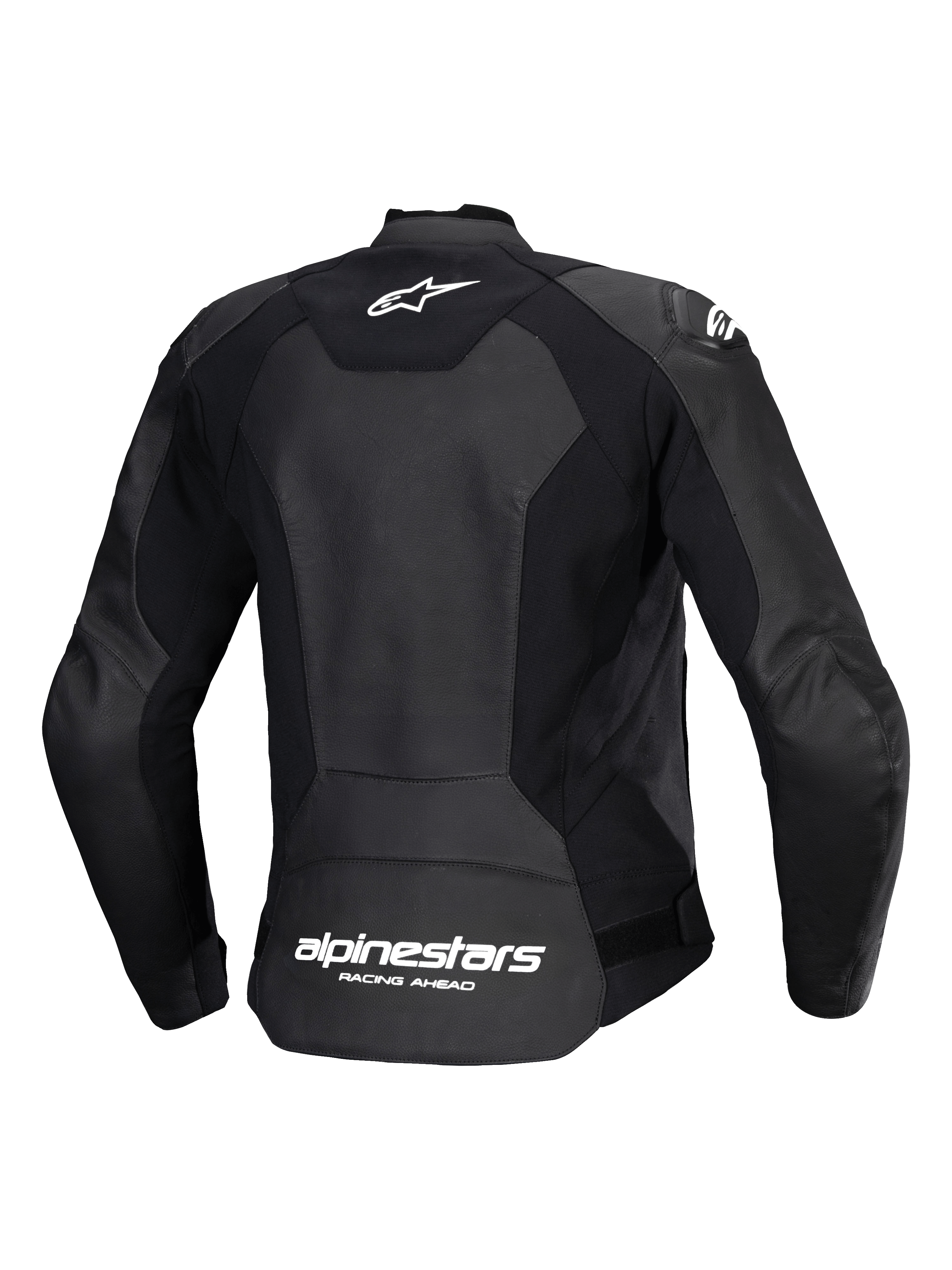 Alpinestars Stella Faster V3 Leren Jas, sportieve motorjas voor dames, zwart en wit, achteraanzicht met meerpanelige constructie van leer en stretchstof, wit Alpinestars-logo op de bovenrug en branding op de onderrug, strakke sportieve pasvorm voor prestatiegericht rijden