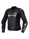 Alpinestars Stella Faster V3 leren jas, dames motorracejas, zwart en wit, voorzien van witte Alpinestars-branding op de borst en mouwen, premium leren constructie met versterkte schouders, aerodynamisch sportontwerp