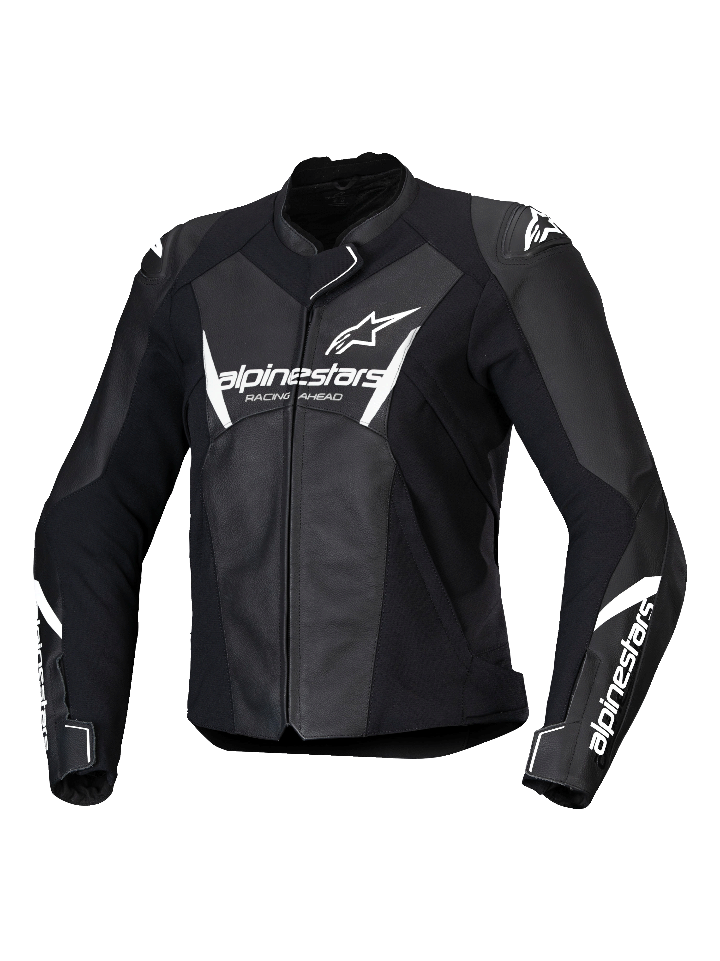 Alpinestars Stella Faster V3 leren jas, dames motorracejas, zwart en wit, voorzien van witte Alpinestars-branding op de borst en mouwen, premium leren constructie met versterkte schouders, aerodynamisch sportontwerp