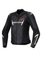 Alpinestars Stella Faster V3 Leather Jacket, Women's Motorcycle Racing Jacket, Black with White and Fluo Coral accents, premium leather construction, featuring Alpinestars branding on the chest and sleeves, sporty racing fit with integrated shoulder protection and front zipper closure.