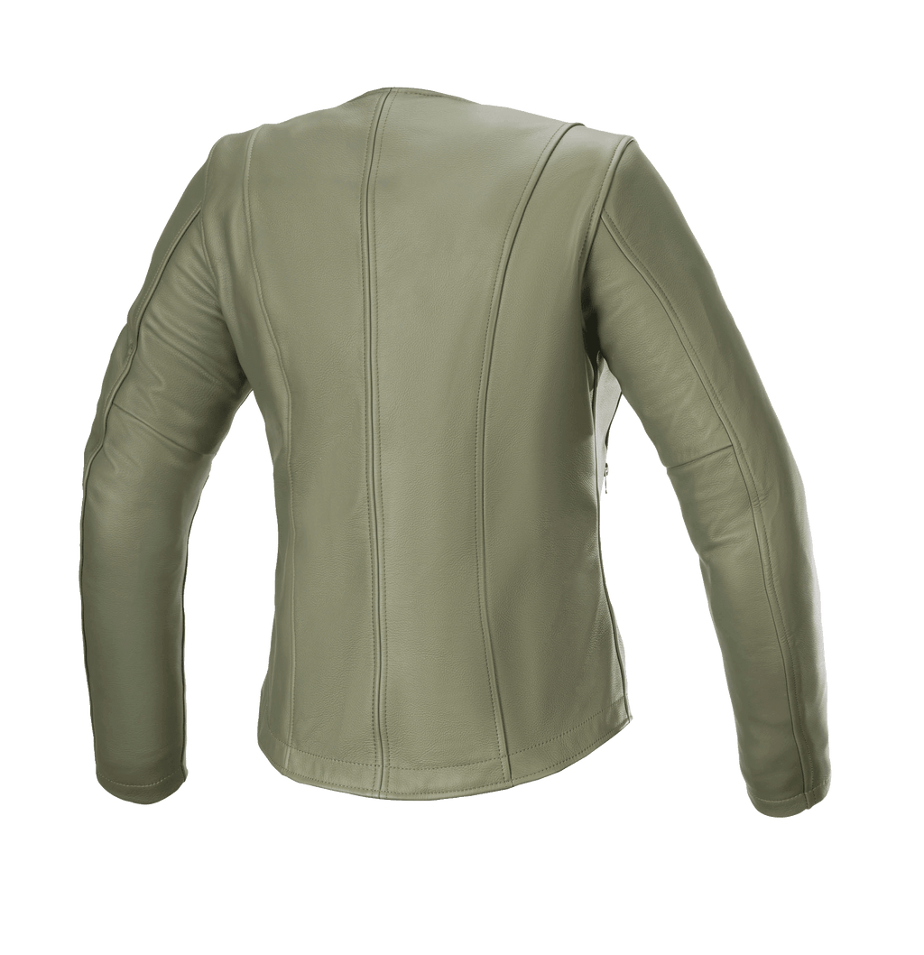 Alpinestars Alice damesleren jas, Military Green, achteraanzicht, premium leren motorjas met strakke verticale stiksels en voorgevormde mouwen voor een urban pasvorm voor dames