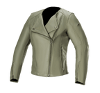 Alpinestars Alice dames leren jas, Military Green, leren motorjas met asymmetrische ritssluiting aan de voorzijde, kraag met drukknopen, manchetten met ritssluiting, hoogwaardige runderleren constructie, getailleerde vrouwelijke pasvorm voor stedelijk rijden
