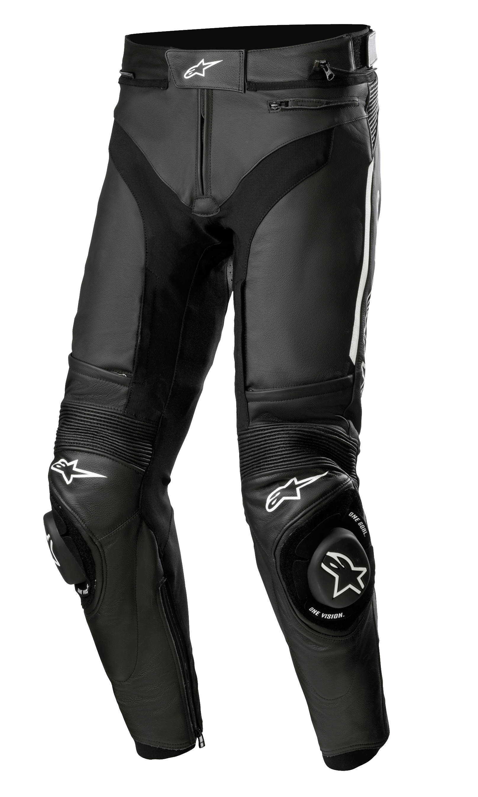 Alpinestars Missile V3 Leren Broek, zwarte leren motorracebroek met witte sterlogo's, versterkte knieschuivers, accordeon stretchpanelen boven de knieën en ventilatieopeningen, hoogwaardige 1,3 mm runderleren constructie voor prestaties op het circuit en op de weg.