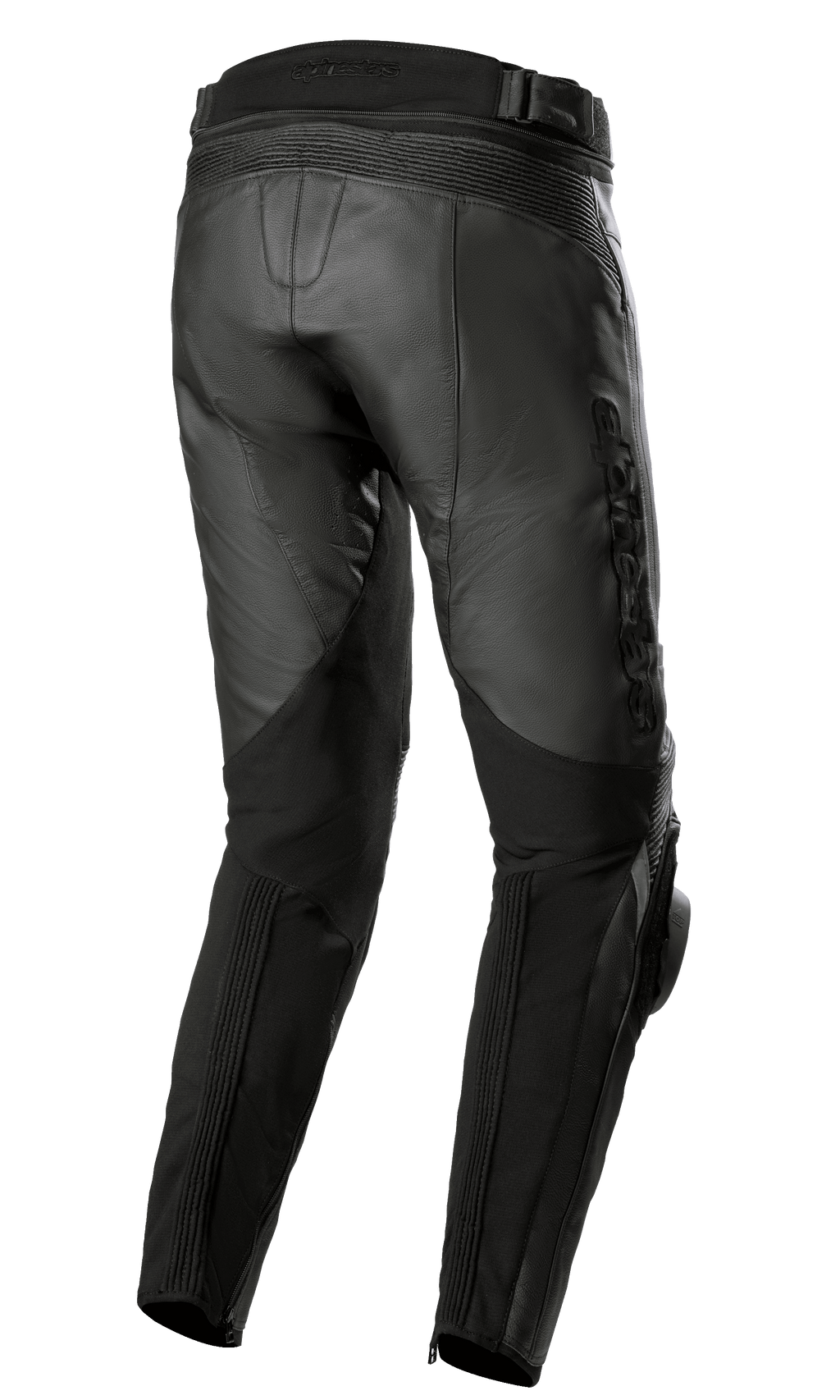 Alpinestars Missile V3 Leren Broek, zwart, achteraanzicht, met accordeon lederen stretchzones bij de taille en achter de knieën, Alpinestars-branding in reliëf en een duurzame lederen constructie voor wegraces