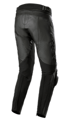 Alpinestars Missile V3 Leren Broek, zwart, achteraanzicht, met accordeon lederen stretchzones bij de taille en achter de knieën, Alpinestars-branding in reliëf en een duurzame lederen constructie voor wegraces