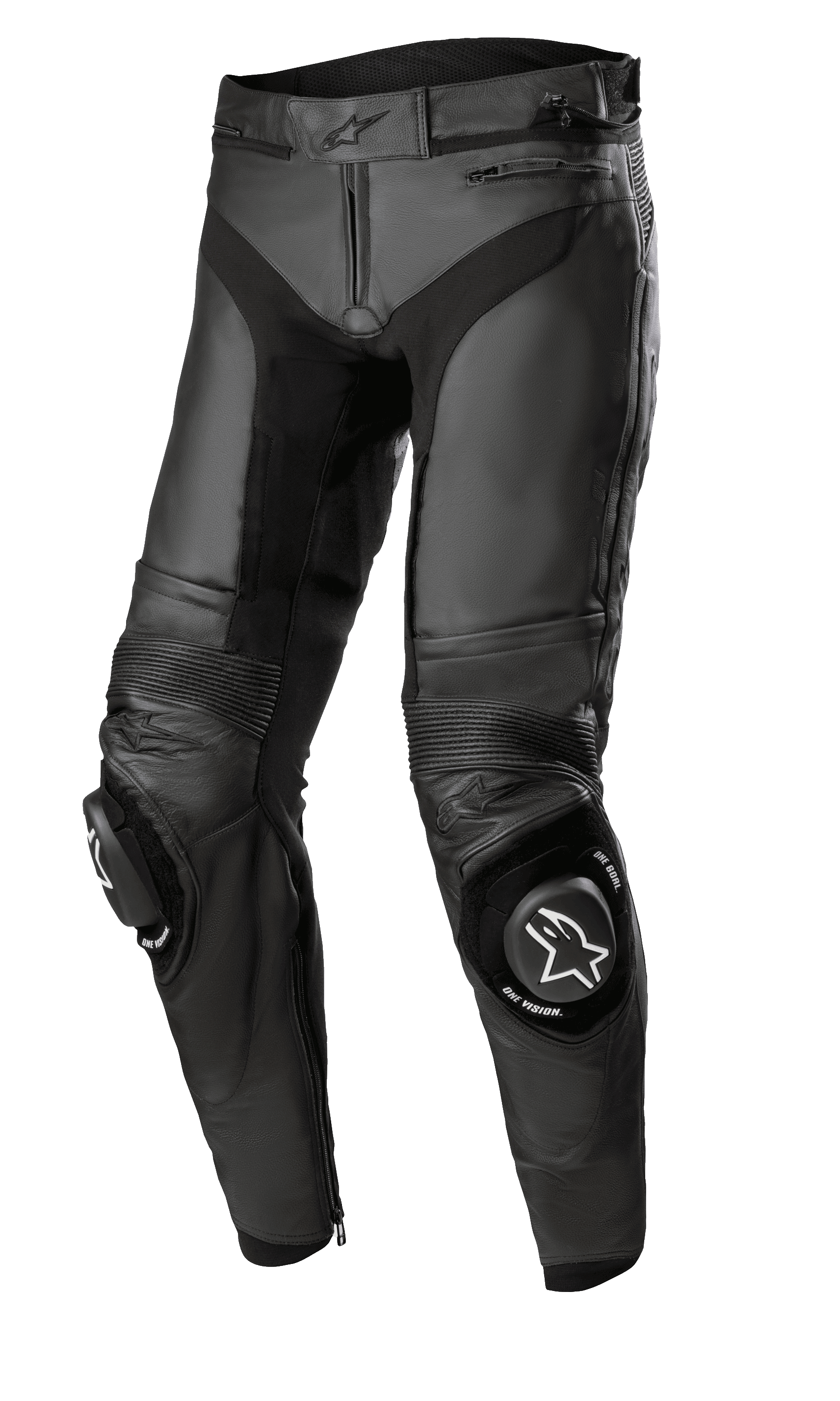 Alpinestars Missile V3 Leren Broek - Short, zwarte motorracingbroek, hoogwaardige leren constructie met accordeon stretchpanelen, versterkte knieën met witte logo sliders, ritsen bij de taille en enkels, strak ergonomisch ontwerp voor sportief rijden