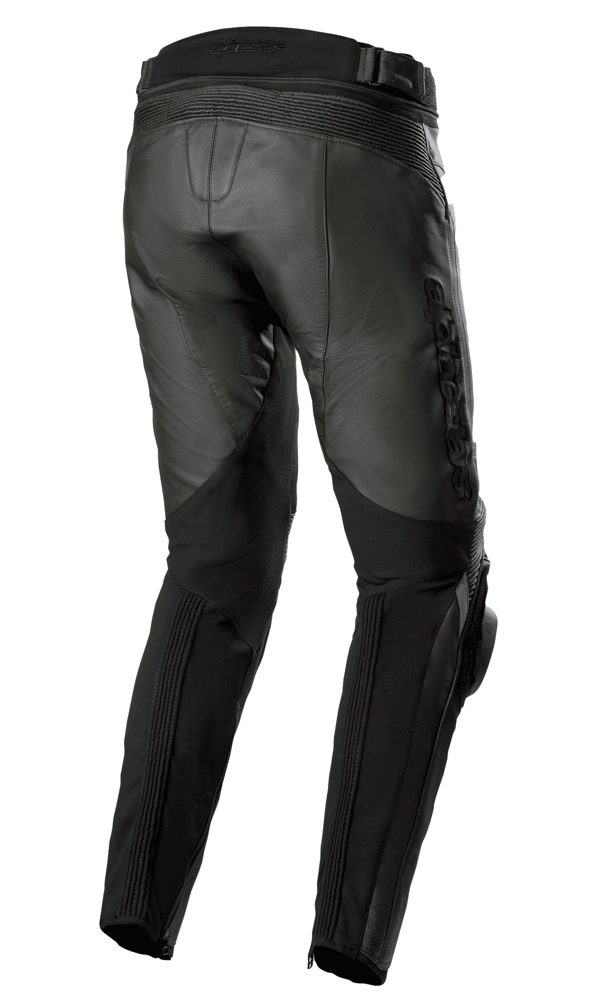 Alpinestars Missile V3 Leren Broek - Long, zwart, achter- en zijaanzicht, met premium runderleren constructie, accordeon stretchpanelen boven de knie, hoge taille aan de achterkant en geëmbosseerd Alpinestars-logo op de dij, sport- en race-motoruitrusting.