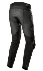 Alpinestars Missile V3 Leren Broek - Long, zwart, achter- en zijaanzicht, met premium runderleren constructie, accordeon stretchpanelen boven de knie, hoge taille aan de achterkant en geëmbosseerd Alpinestars-logo op de dij, sport- en race-motoruitrusting.