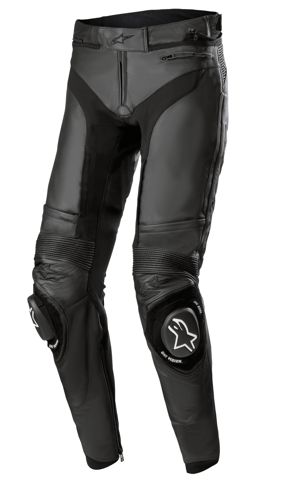 Alpinestars Missile V3 Leren Broek Long, zwarte motorracebroek, premium lederen constructie, accordeon lederen stretchpanelen op de knieën, vervangbare knieschuivers met witte logo's, ergonomische voorgevormde pasvorm voor circuitprestaties