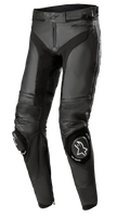 Alpinestars Missile V3 Leren Broek Long, zwarte motorracebroek, premium lederen constructie, accordeon lederen stretchpanelen op de knieën, vervangbare knieschuivers met witte logo's, ergonomische voorgevormde pasvorm voor circuitprestaties