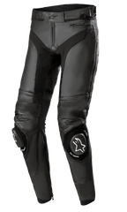 Alpinestars Missile V3 Leren Broek Long, zwarte motorracebroek, premium lederen constructie, accordeon lederen stretchpanelen op de knieën, vervangbare knieschuivers met witte logo's, ergonomische voorgevormde pasvorm voor circuitprestaties
