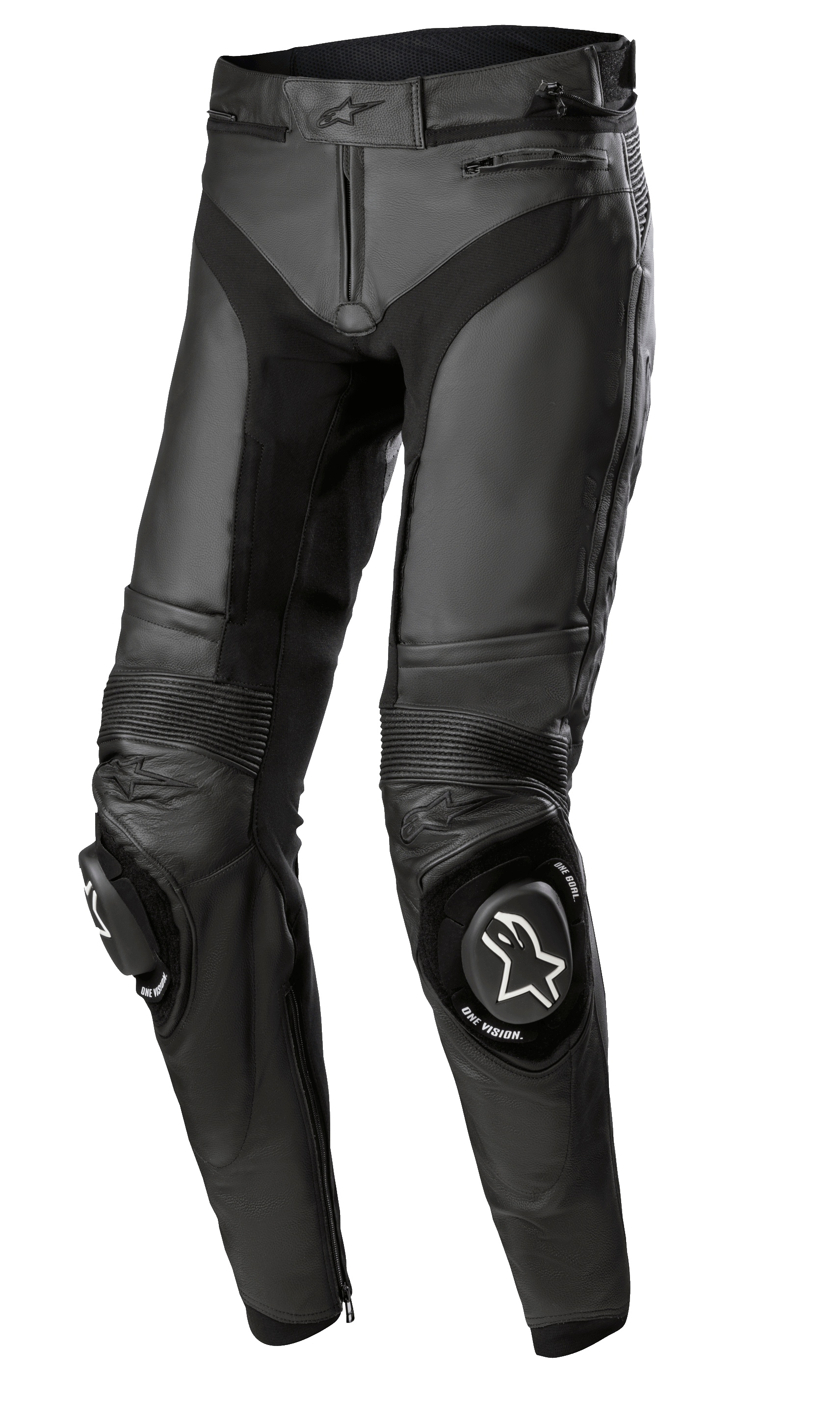 Alpinestars Missile V3 Leren Broek Long, zwarte motorracebroek, premium lederen constructie, accordeon lederen stretchpanelen op de knieën, vervangbare knieschuivers met witte logo's, ergonomische voorgevormde pasvorm voor circuitprestaties