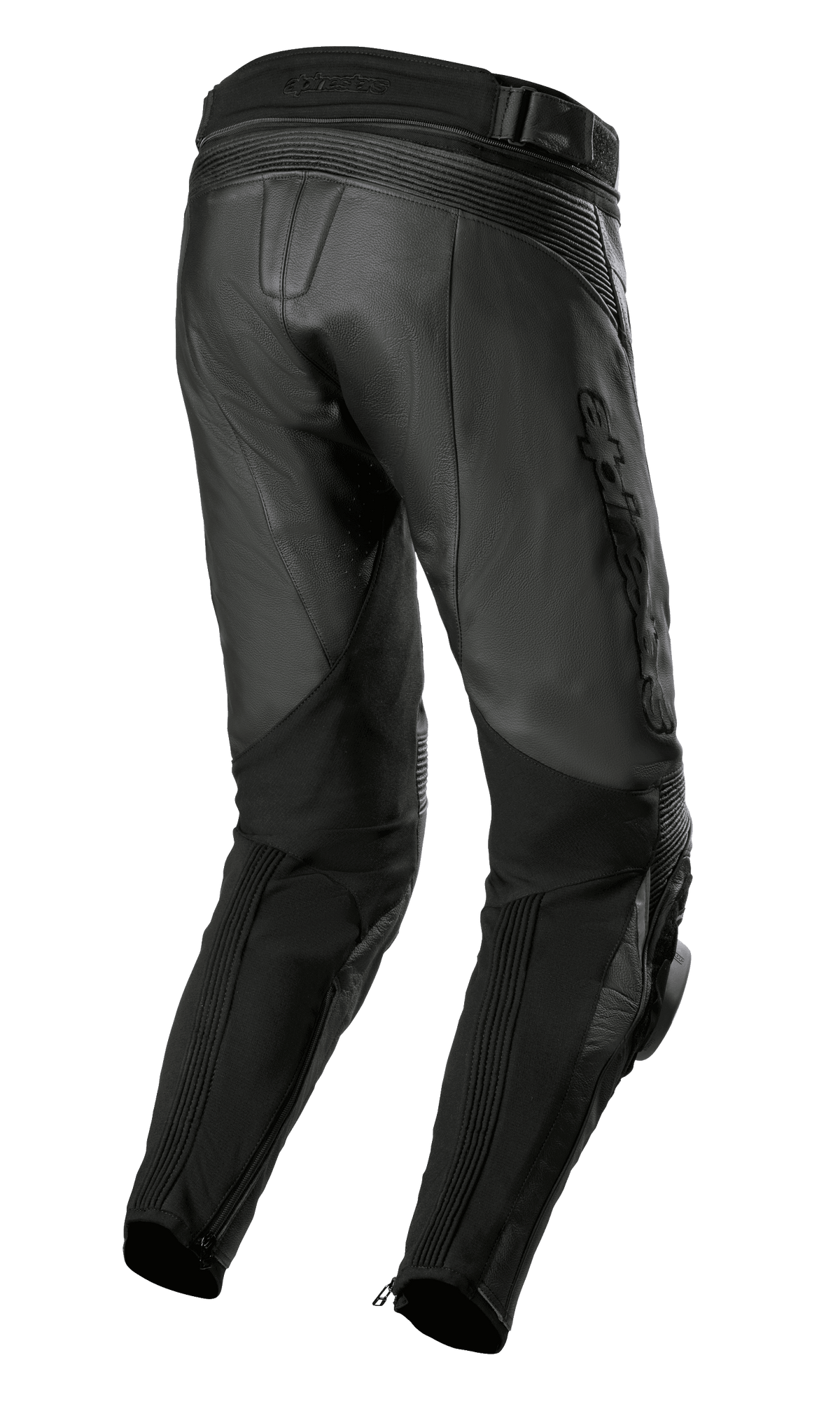 Alpinestars Missile V3 Airflow Leren Broek, zwart, achteraanzicht met premium lederen constructie, accordeon stretchzones boven de knie, hoge taille aan de achterzijde en flexibele stretchpanelen op de kuiten met enkelritsen.