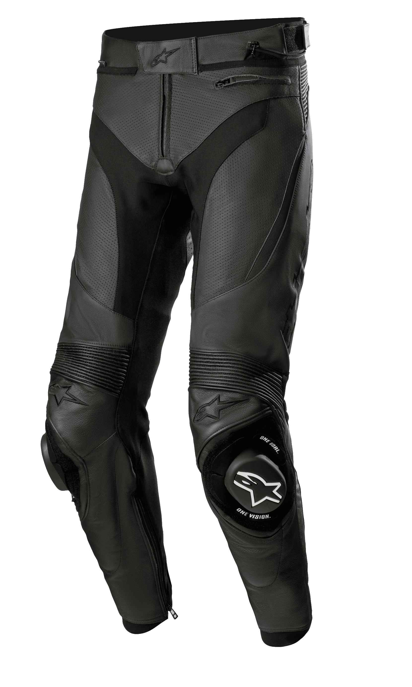 Alpinestars Missile V3 Airflow leren broek, zwarte motorracebroek, hoogwaardige geperforeerde leren constructie voor maximale ventilatie, versterkte kniesliders met ONE GOAL ONE VISION-branding, accordeon stretchpanelen voor flexibiliteit, zakken met ritssluiting en tailleverstelling, strak zwart design voor sport- en circuitprestaties