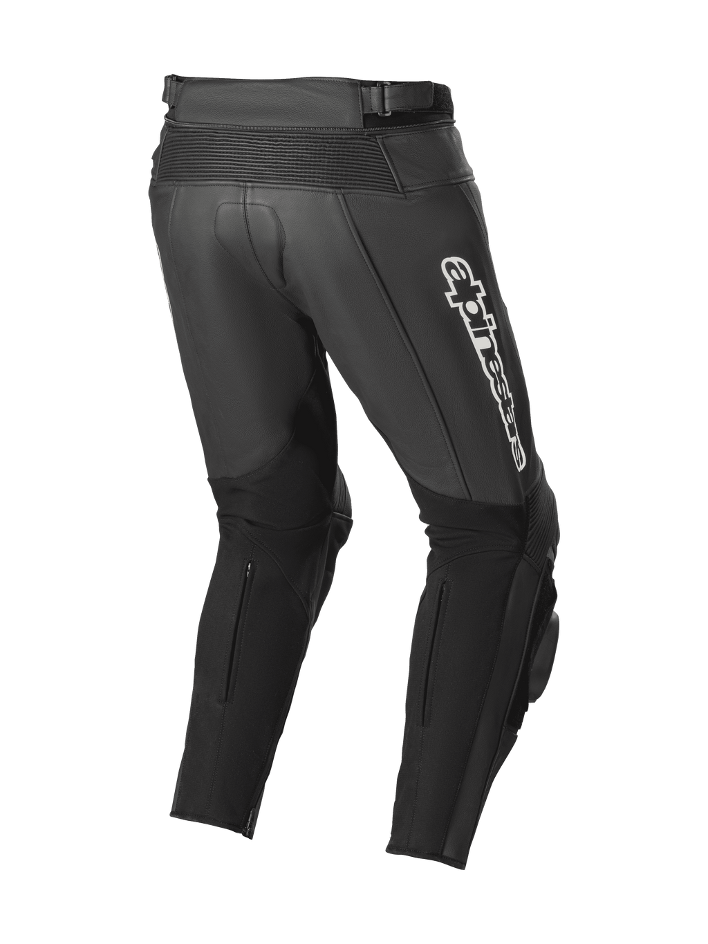 Alpinestars Track V2 leren broek, zwart, achteraanzicht met accordeon lederen stretchzones, witte Alpinestars-branding op het dijbeen, grote stretchpanelen op de kuiten en geïntegreerde kneesliders voor circuit- en straatgebruik