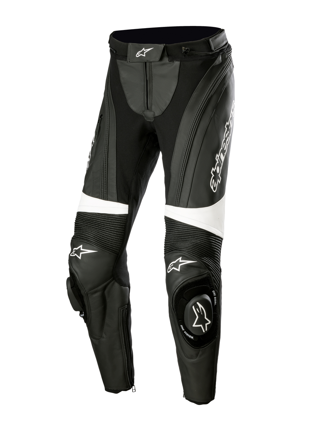 Alpinestars Stella Missile V3 lederen motorbroek, dames racebroek, zwart en wit, voorzien van accordeon stretchpanelen boven de knieën, geïntegreerde knee-sliders met Alpinestars-logo, witte accenten en een gestroomlijnde pasvorm voor sport- en circuitrijden