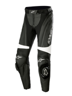 Alpinestars Stella Missile V3 lederen motorbroek, dames racebroek, zwart en wit, voorzien van accordeon stretchpanelen boven de knieën, geïntegreerde knee-sliders met Alpinestars-logo, witte accenten en een gestroomlijnde pasvorm voor sport- en circuitrijden