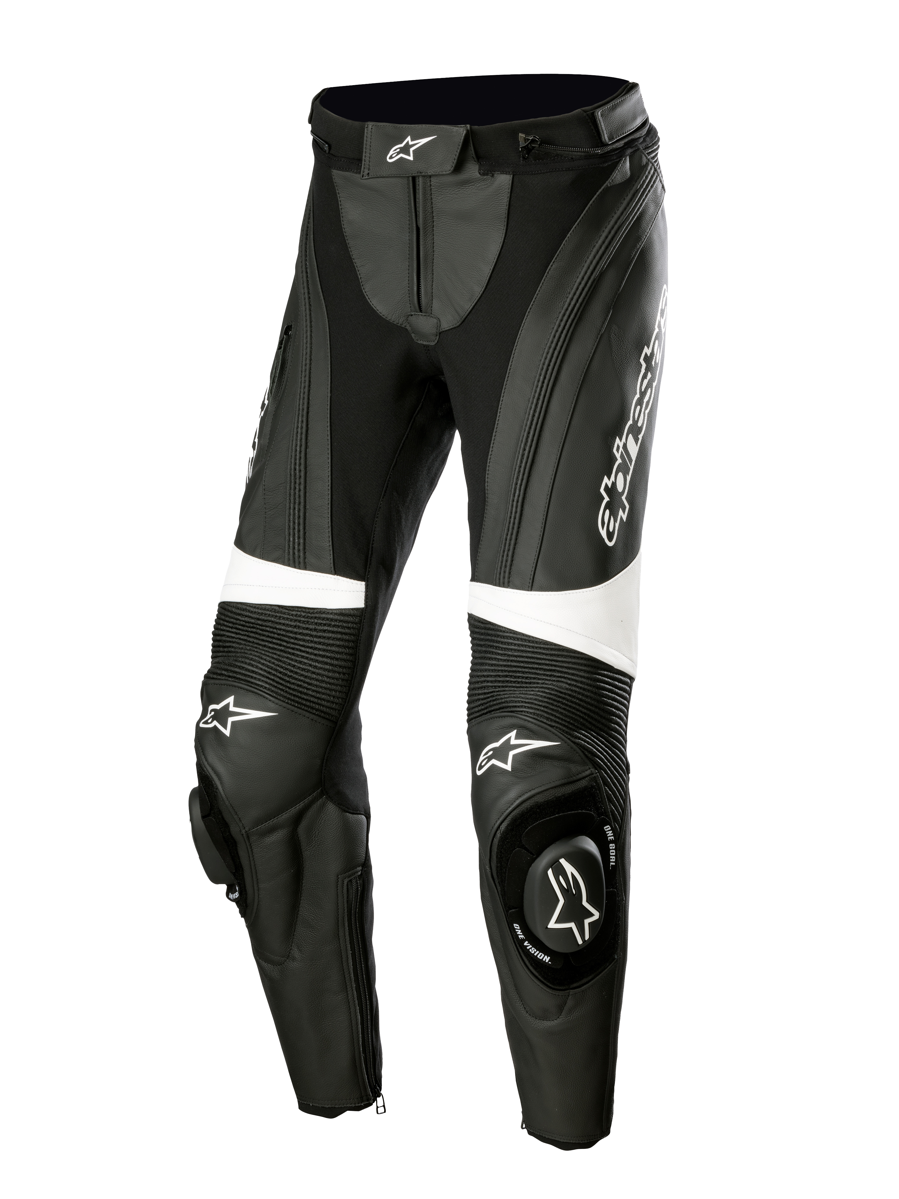 Alpinestars Stella Missile V3 lederen motorbroek, dames racebroek, zwart en wit, voorzien van accordeon stretchpanelen boven de knieën, geïntegreerde knee-sliders met Alpinestars-logo, witte accenten en een gestroomlijnde pasvorm voor sport- en circuitrijden