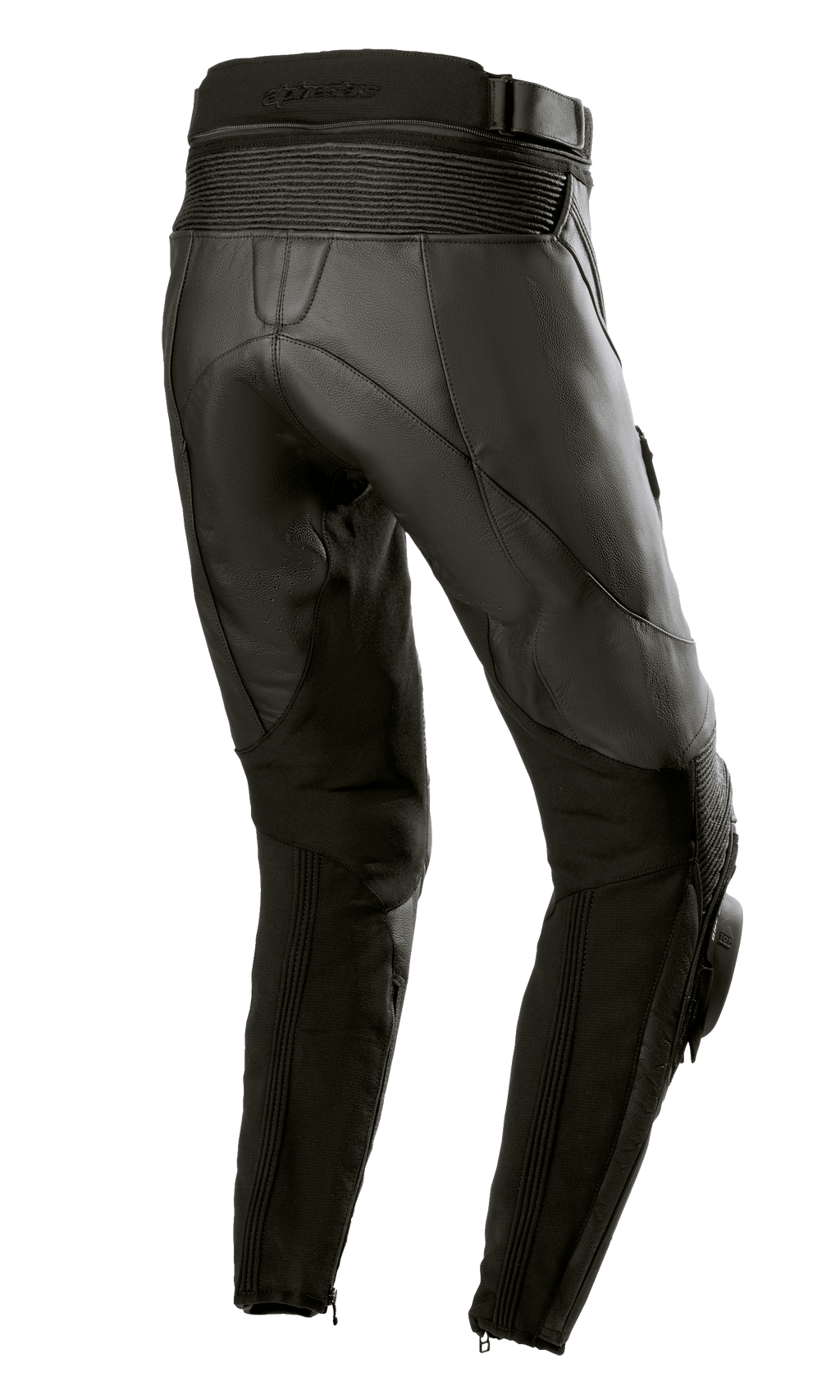 Alpinestars Stella Missile V3 dames leren broek, zwart, achteraanzicht met hoge taille aan de achterkant en accordeon lederen stretchzones boven de knie, hoogwaardige runderleren constructie met stretchpanelen op de kuiten en enkelritsen, ontworpen voor racing en sportief rijden.