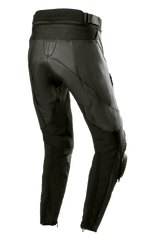 Alpinestars Stella Missile V3 dames leren broek, zwart, achteraanzicht met hoge taille aan de achterkant en accordeon lederen stretchzones boven de knie, hoogwaardige runderleren constructie met stretchpanelen op de kuiten en enkelritsen, ontworpen voor racing en sportief rijden.
