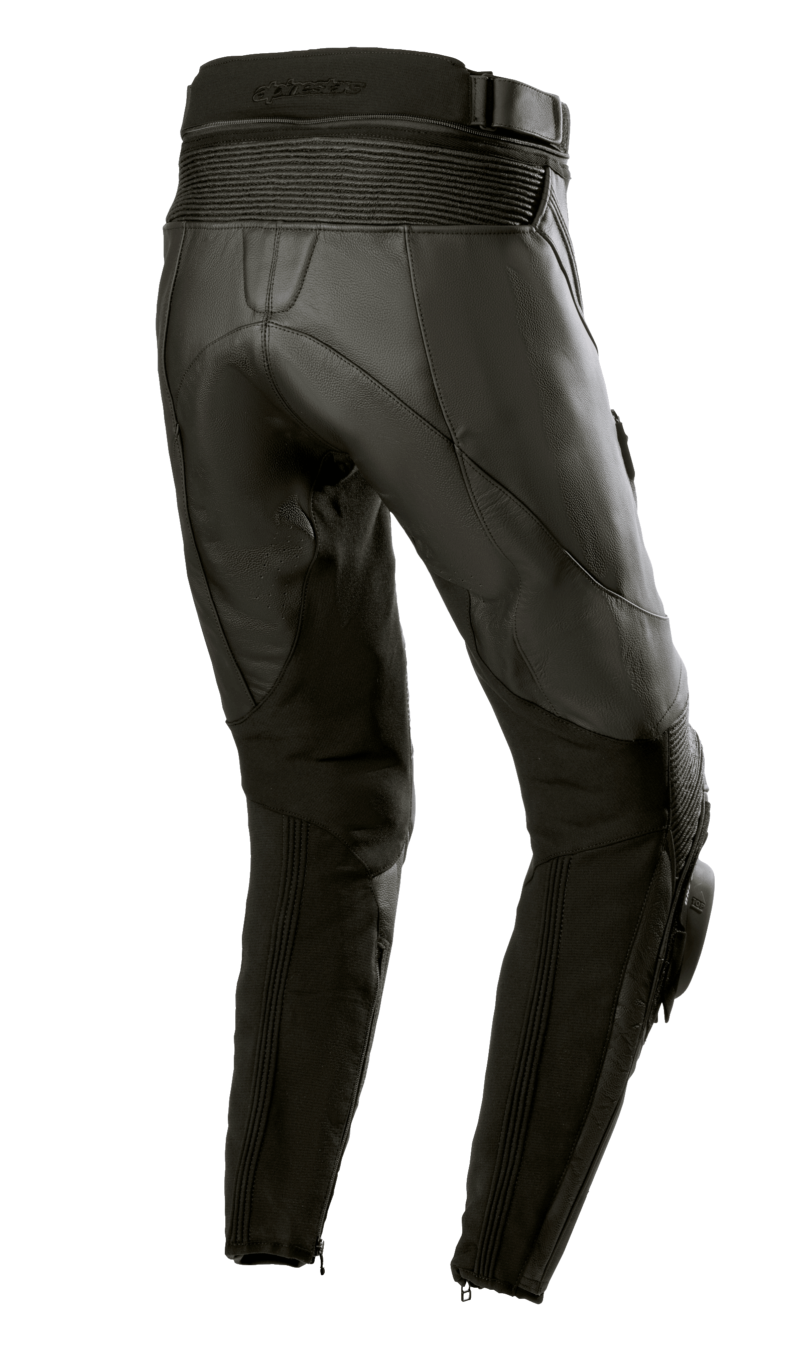 Alpinestars Stella Missile V3 dames leren broek, zwart, achteraanzicht met hoge taille aan de achterkant en accordeon lederen stretchzones boven de knie, hoogwaardige runderleren constructie met stretchpanelen op de kuiten en enkelritsen, ontworpen voor racing en sportief rijden.