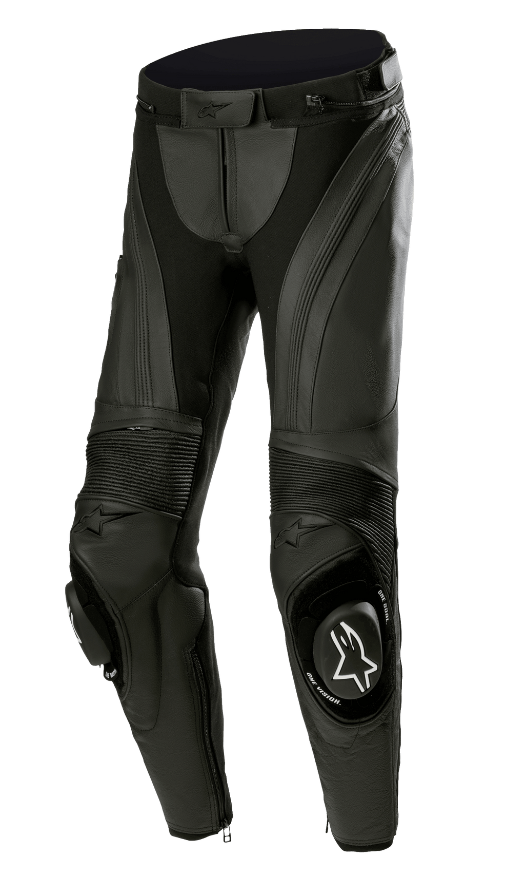 Alpinestars Stella Missile V3 leren broek, dames motorracingbroek, zwart, met premium leer en accordeon stretchpanelen, vervangbare kniesliders met wit Alpinestars-logo en een ergonomisch voorgevormd ontwerp