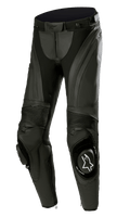 Alpinestars Stella Missile V3 leren broek, dames motorracingbroek, zwart, met premium leer en accordeon stretchpanelen, vervangbare kniesliders met wit Alpinestars-logo en een ergonomisch voorgevormd ontwerp