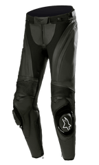 Alpinestars Stella Missile V3 leren broek, dames motorracingbroek, zwart, met premium leer en accordeon stretchpanelen, vervangbare kniesliders met wit Alpinestars-logo en een ergonomisch voorgevormd ontwerp