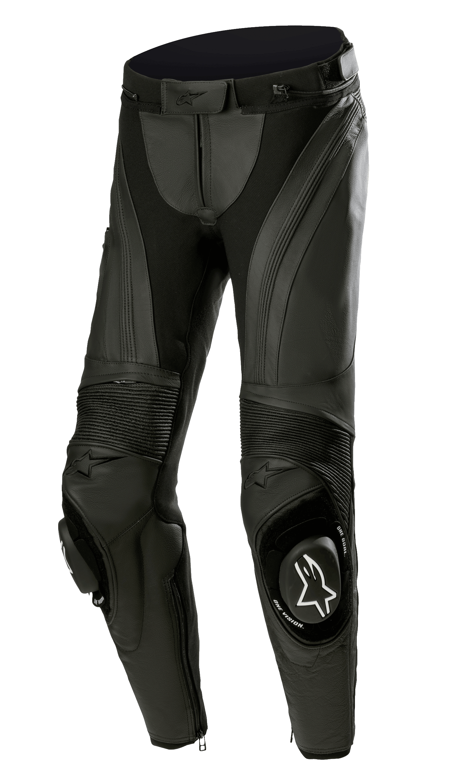 Alpinestars Stella Missile V3 leren broek, dames motorracingbroek, zwart, met premium leer en accordeon stretchpanelen, vervangbare kniesliders met wit Alpinestars-logo en een ergonomisch voorgevormd ontwerp